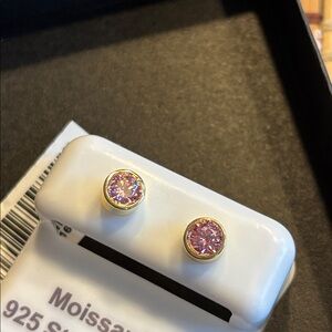 Sterling Silver SakuraPink Moissanite Stud Earrings - Gold Tone Bezel